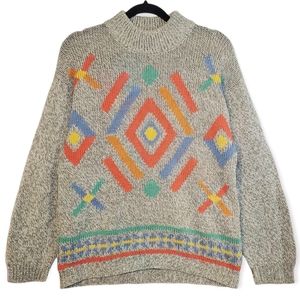 Vintage 80s Tomboy Mock Neck Wool Blend Geometric Sweater Medium